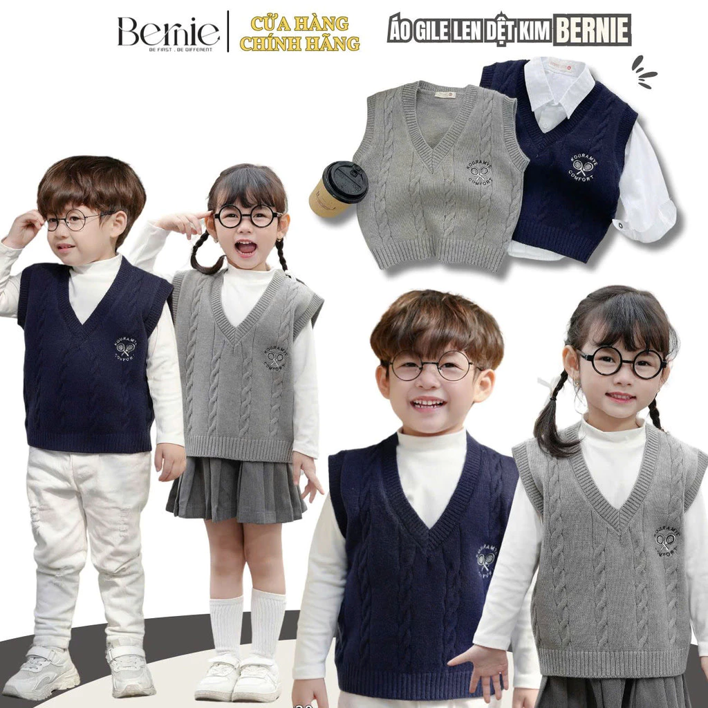 Áo gile len vặn thừng thêu ngực phong cách hàn quốc cho bé trai bé gái 1 đến 7 tuổi BERNIE 24A030