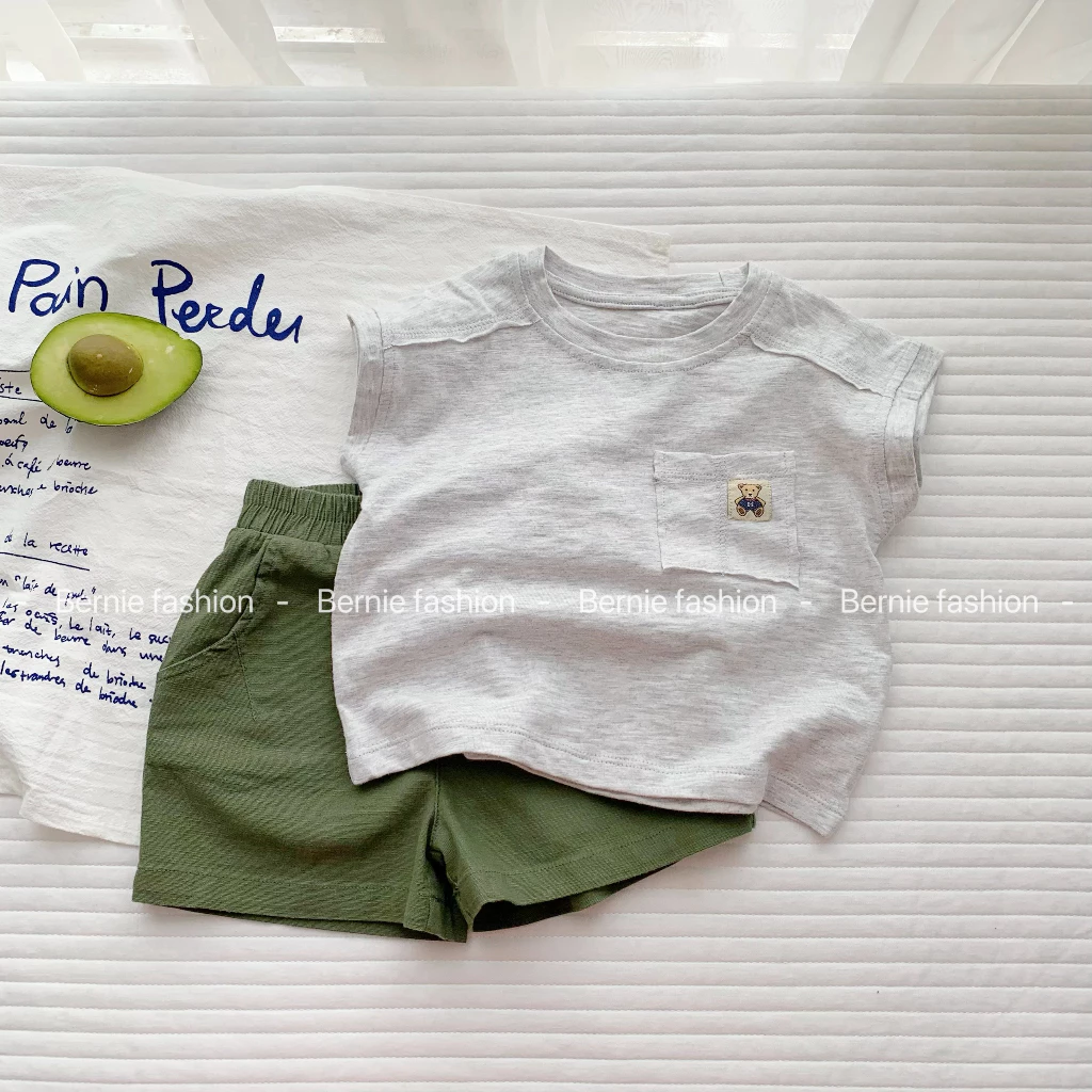 Áo thun ba lỗ tanktop hoặc quần kaki màu rêu cho bé trai 1 đến 7 tuổi BERNIE