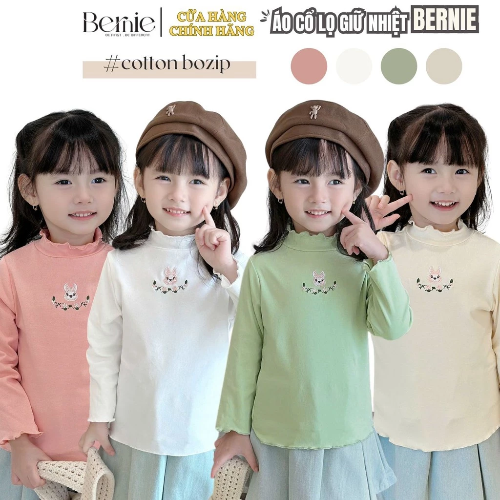 Áo thun cố lọ cao 3 phân dài tay viền bèo hoa thêu bé gái chất thun cotton 9 đến 24kg BERNIE 0834A23