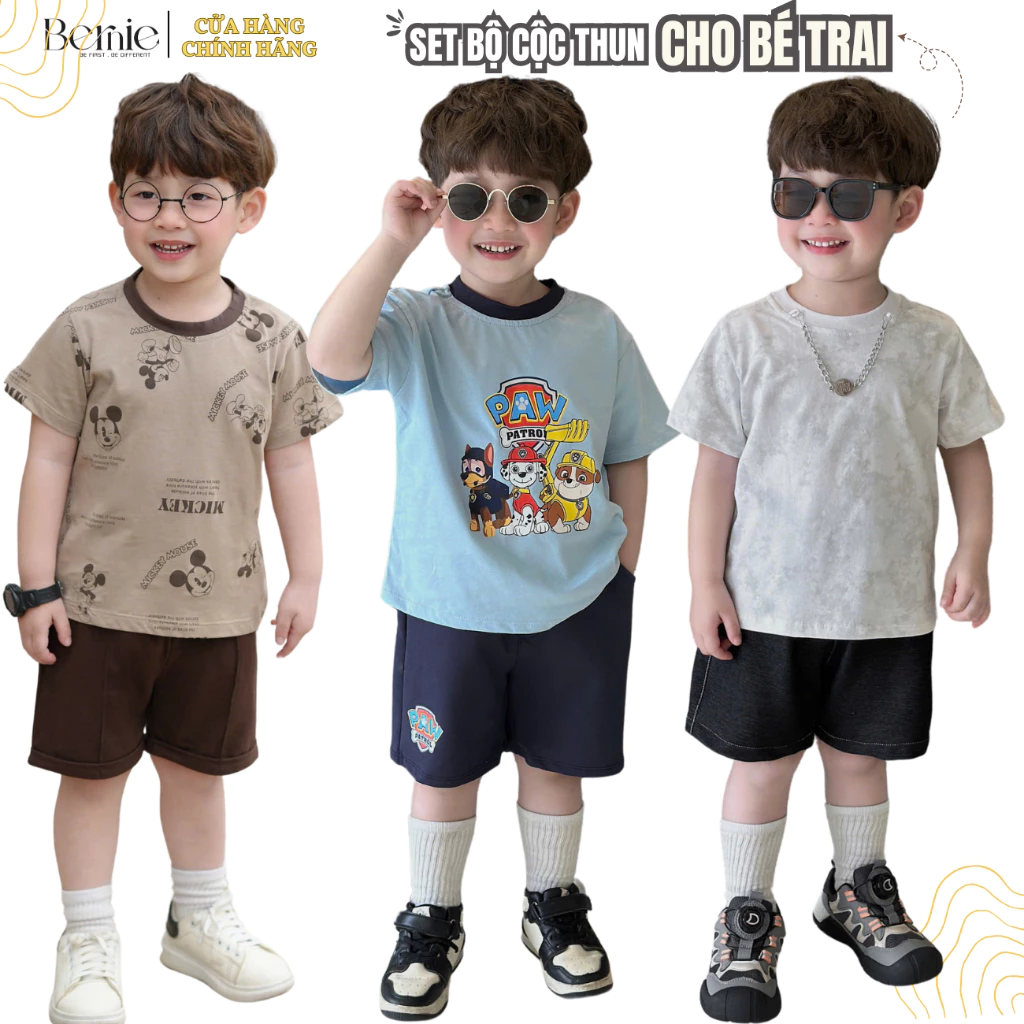 Bộ quần áo cộc tay tổng hợp cho bé trai phong cách Hàn Quốc thời trang hè cho bé từ 9kg tới 26kg