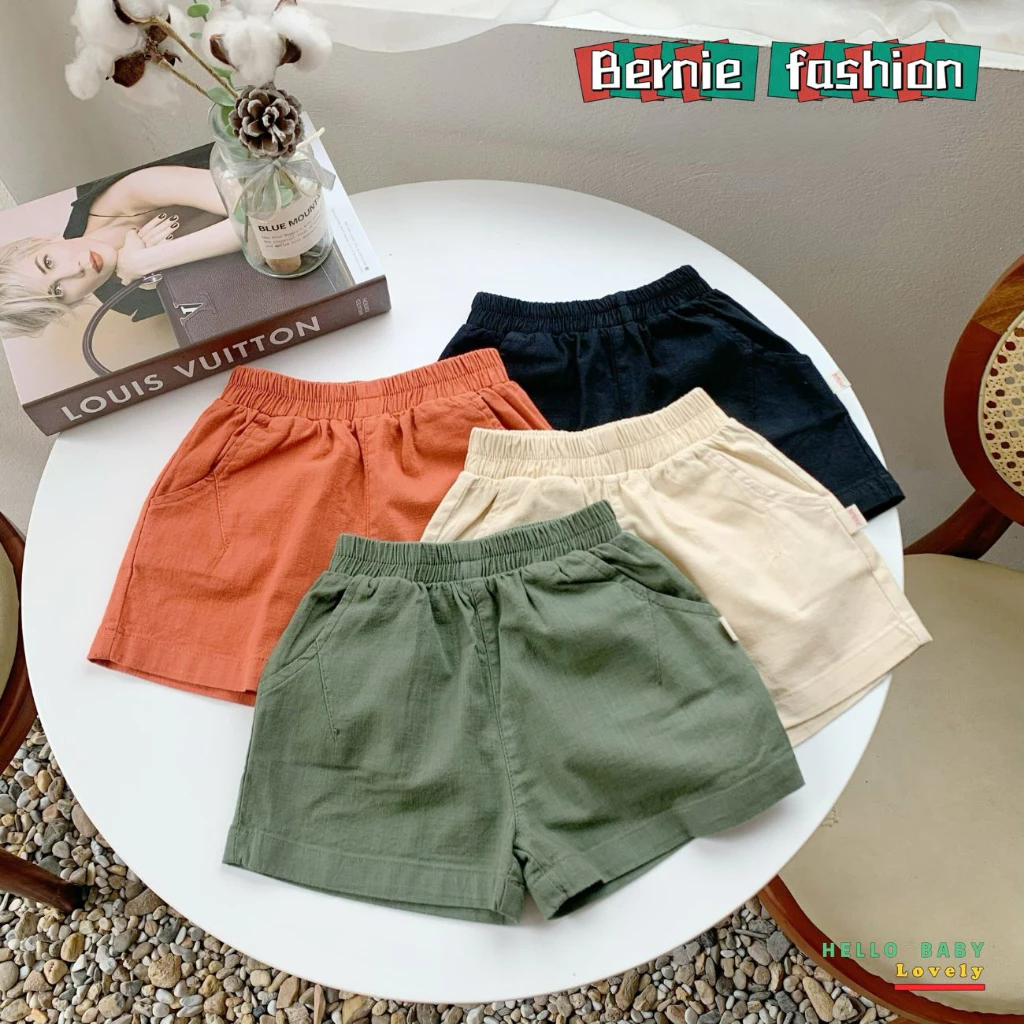 Quần sooc đùi linen kaki mềm bé trai bé gái unisex có túi màu đen xanh cam be BERNIE cho bé 7-28kg