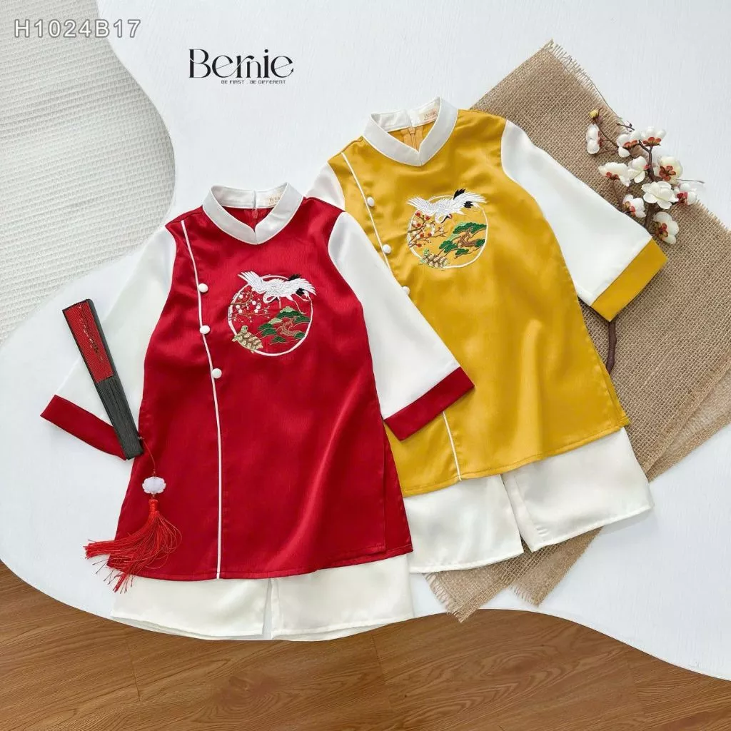 Set áo dài tết áo dài cách tân cho bé trai kèm quần màu đỏ màu vàng họa tiết thêu hạc BERNIEH1024B17