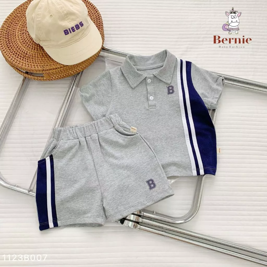 Set bé trai unisex phong cách thể thao polo phối sọc tổng bộ quần áo 8 đến 25kg BERNIE 1123B007