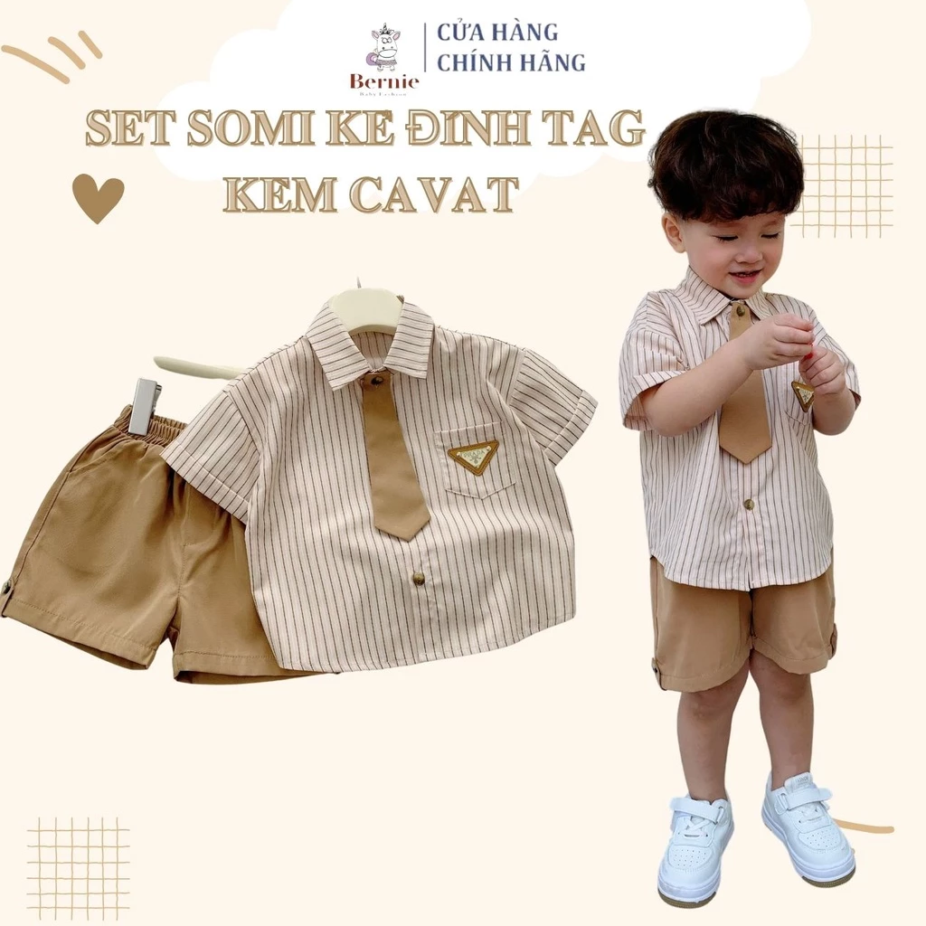 Set sơ mi cộc tay cho bé trai đi tiệc kèm cà vạt 1 đến 7 tuổi BERNIE kids