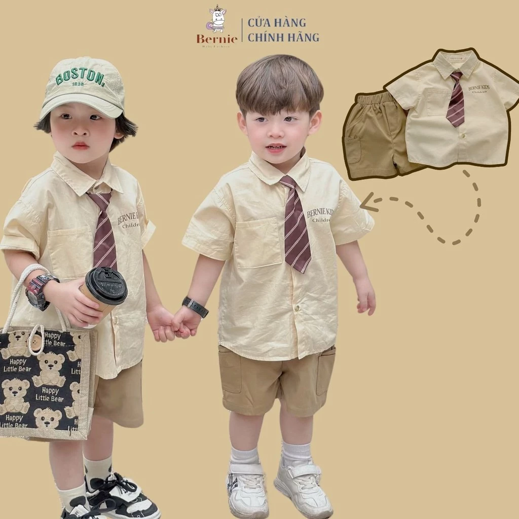 Set sơ mi tay ngắn unisex cho bé trai bé gái đi tiệc tổng hợp kèm cà vạt 8 đến 25kg BERNIE 1223B006